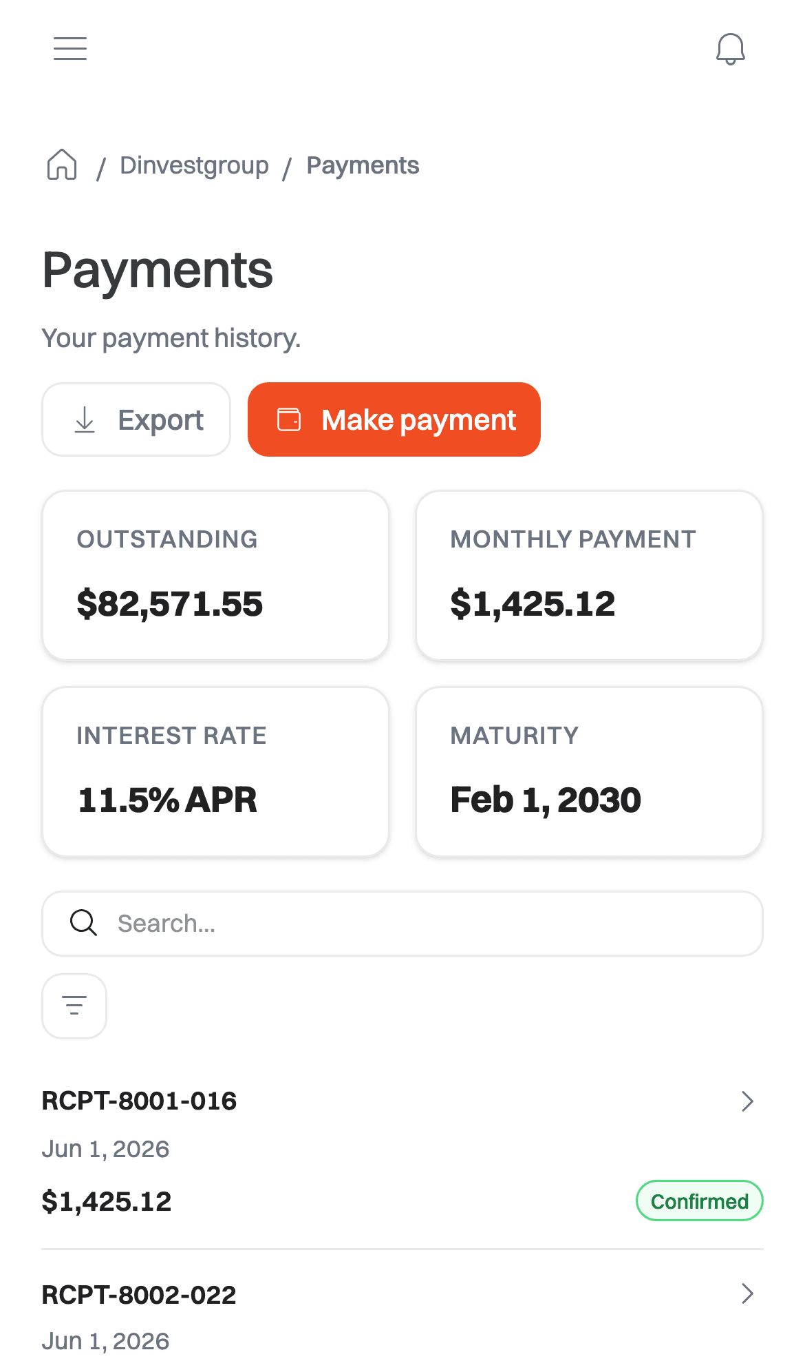 The DIG app's payment history, showing confirmed monthly payments and account balance